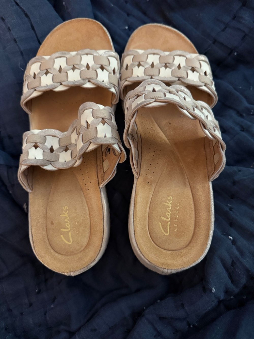 Clarks Women’s Taupe and Cream Braided Double-Strap Slide Sandals